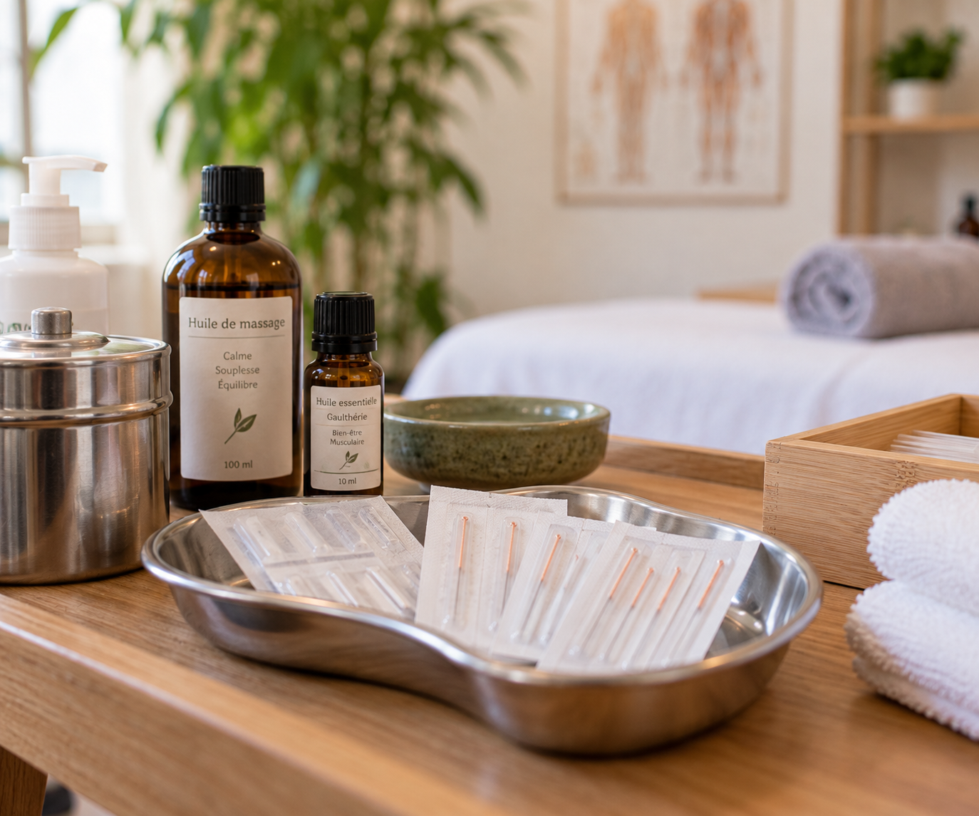 Matériel utilisé en séance : aiguilles stériles, huiles de massage